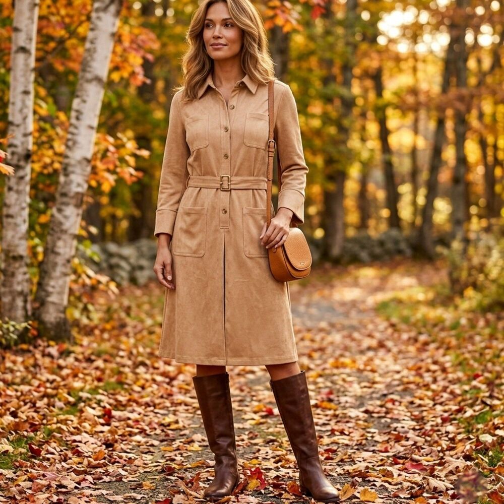 NWOT Talbots Camel Faux Suede Button Front Safari Dress Belted 14P Size 14